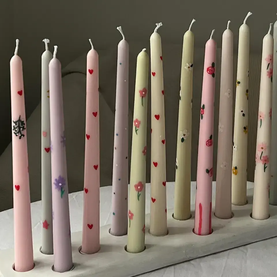 colored blue & white hand Hand painted floral taper candles for romantic wedding