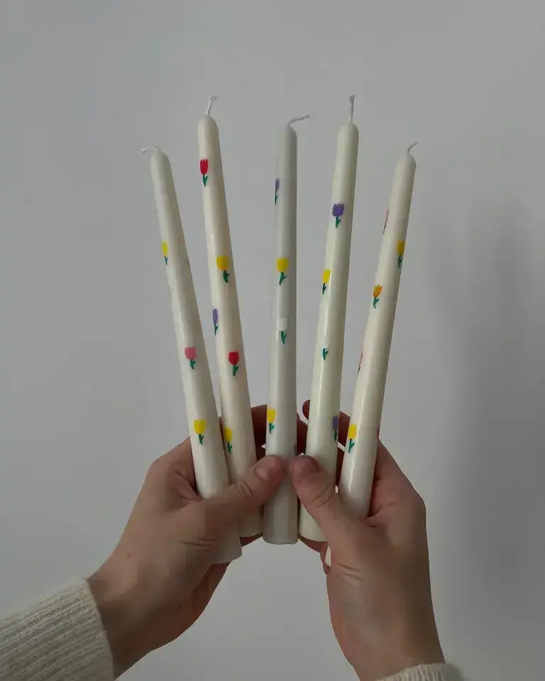 colored blue & white hand Hand painted floral taper candles for romantic wedding