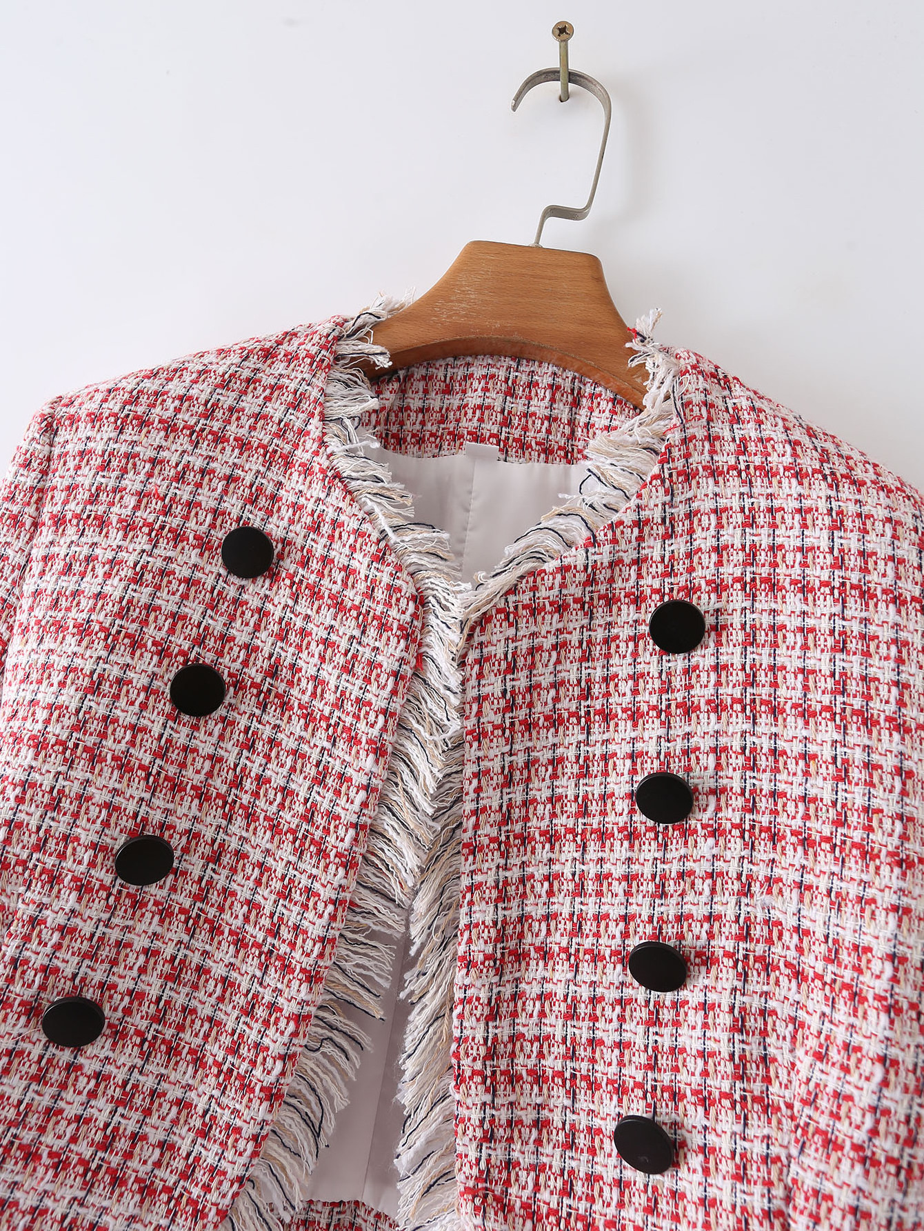 Korean style crew neck pink plaid women cropped tweed blazer with tassels