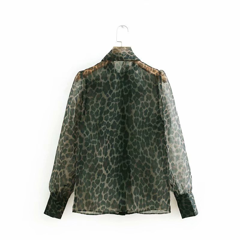 European style workwear lace up leopard print blouse good quality animal chiffon shirt