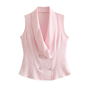 Notched collar double breasted pink color floral pattern casual fashion waistcoat vest for women