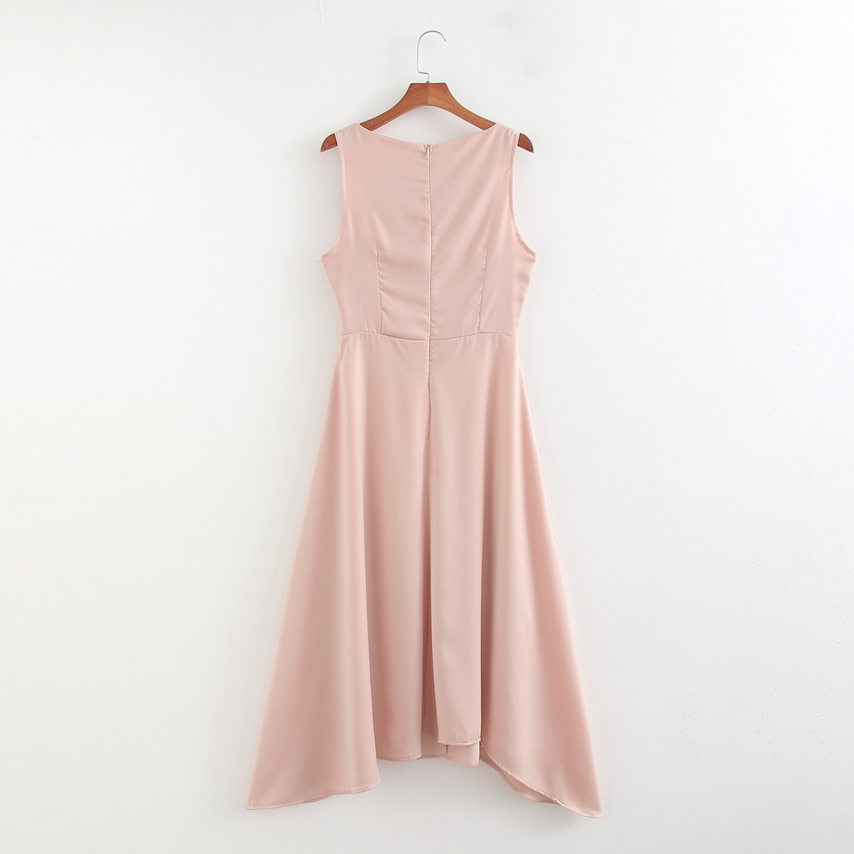 Crew neck pink color back zipper fly sleeveless pleated hot sale casual fashion ladies long satin dress