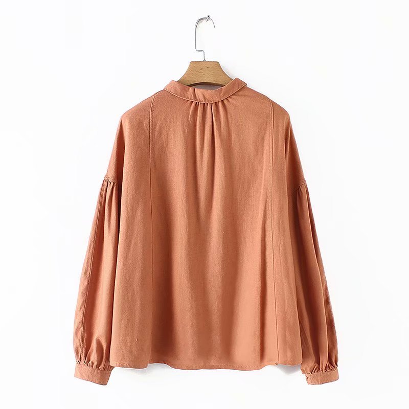 Korean style long sleeve o neck casual loose oversized cotton linen blouse