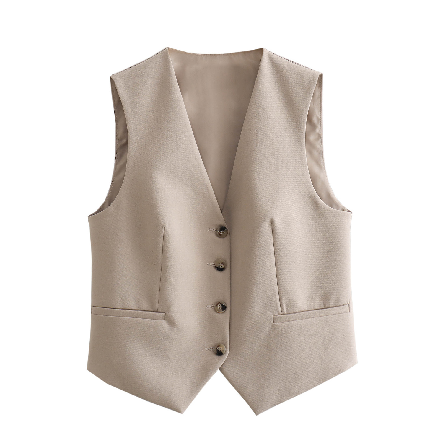 Khaki color v neck single breasted casual fashion vest for women