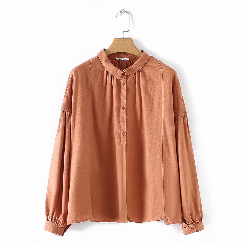 Korean style long sleeve o neck casual loose oversized cotton linen blouse