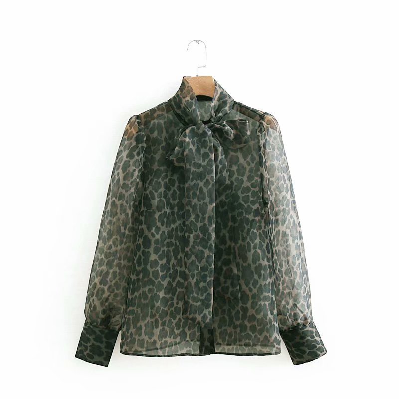 European style workwear lace up leopard print blouse good quality animal chiffon shirt