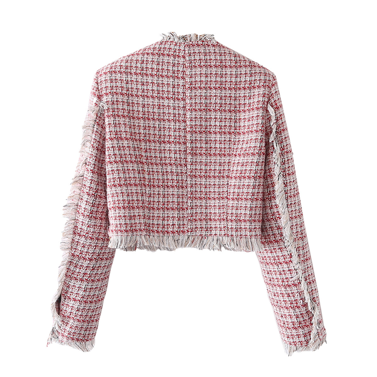 Korean style crew neck pink plaid women cropped tweed blazer with tassels