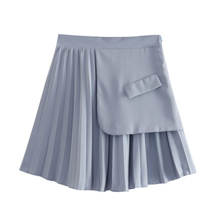 Light blue color zipper fly asymmetrical design casual fashion mini pleated skirt for women