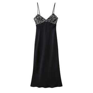 Black color sleeveless sequined collarless casual fashion woman summer dress