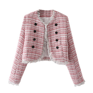 Korean style crew neck pink plaid women cropped tweed blazer with tassels