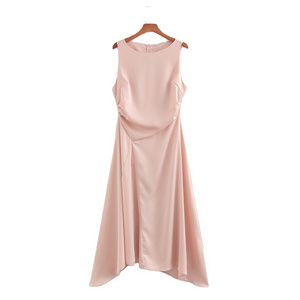 Crew neck pink color back zipper fly sleeveless pleated hot sale casual fashion ladies long satin dress