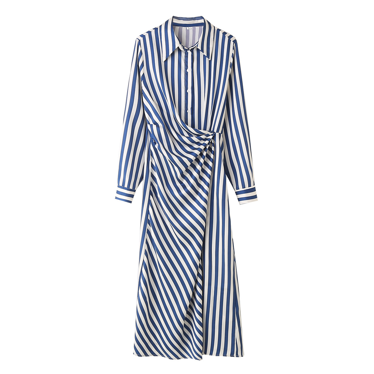 Turn down collar striped print blue white color buttons up long sleeve casual fashion long shirt dress for women