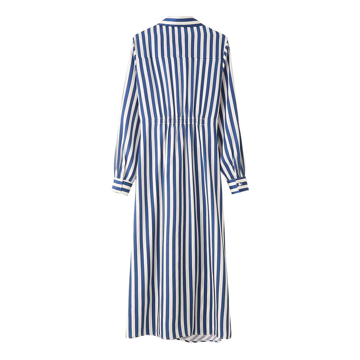 Turn down collar striped print blue white color buttons up long sleeve casual fashion long shirt dress for women