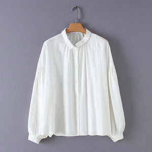 Korean style long sleeve o neck casual loose oversized cotton linen blouse