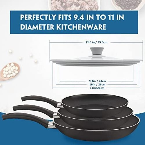 Universal Lid for Pots Pans and Skillets Tempered Glass with Silicone Rim Fits 9.5 to 11 Inch Diameter Cookware Frying Pan Cover