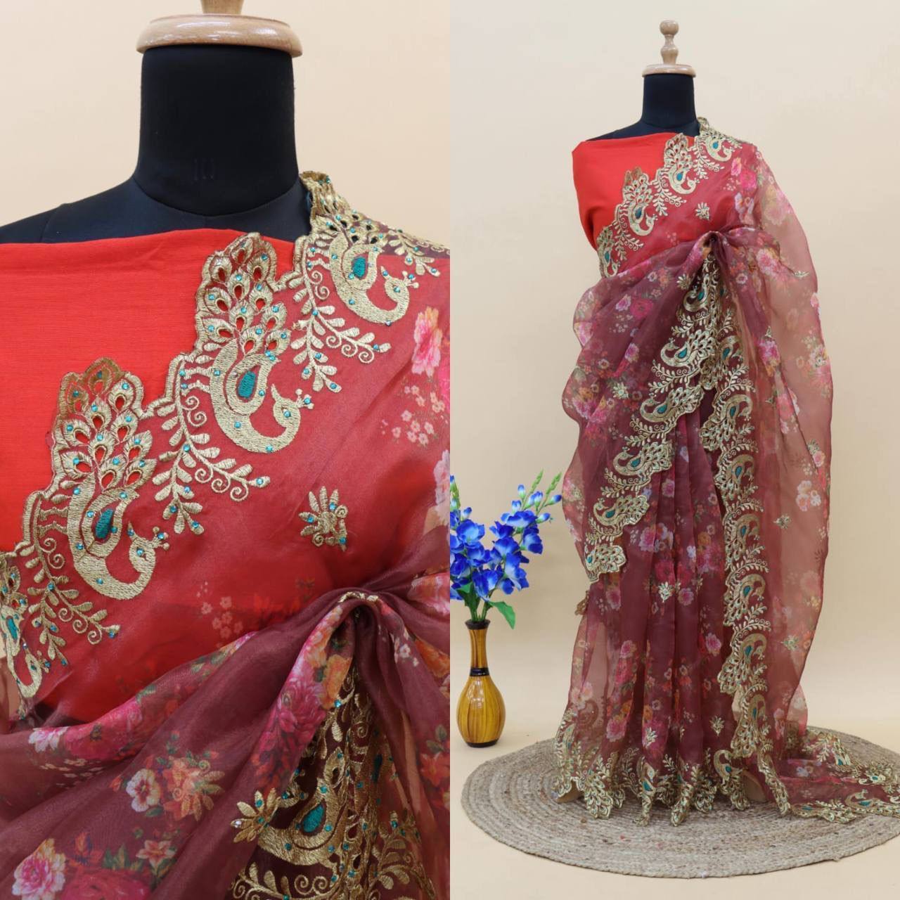 Pure organza silk saree with digital print saree  and  40D print mesh fabric for mosquito net and best paithani saree