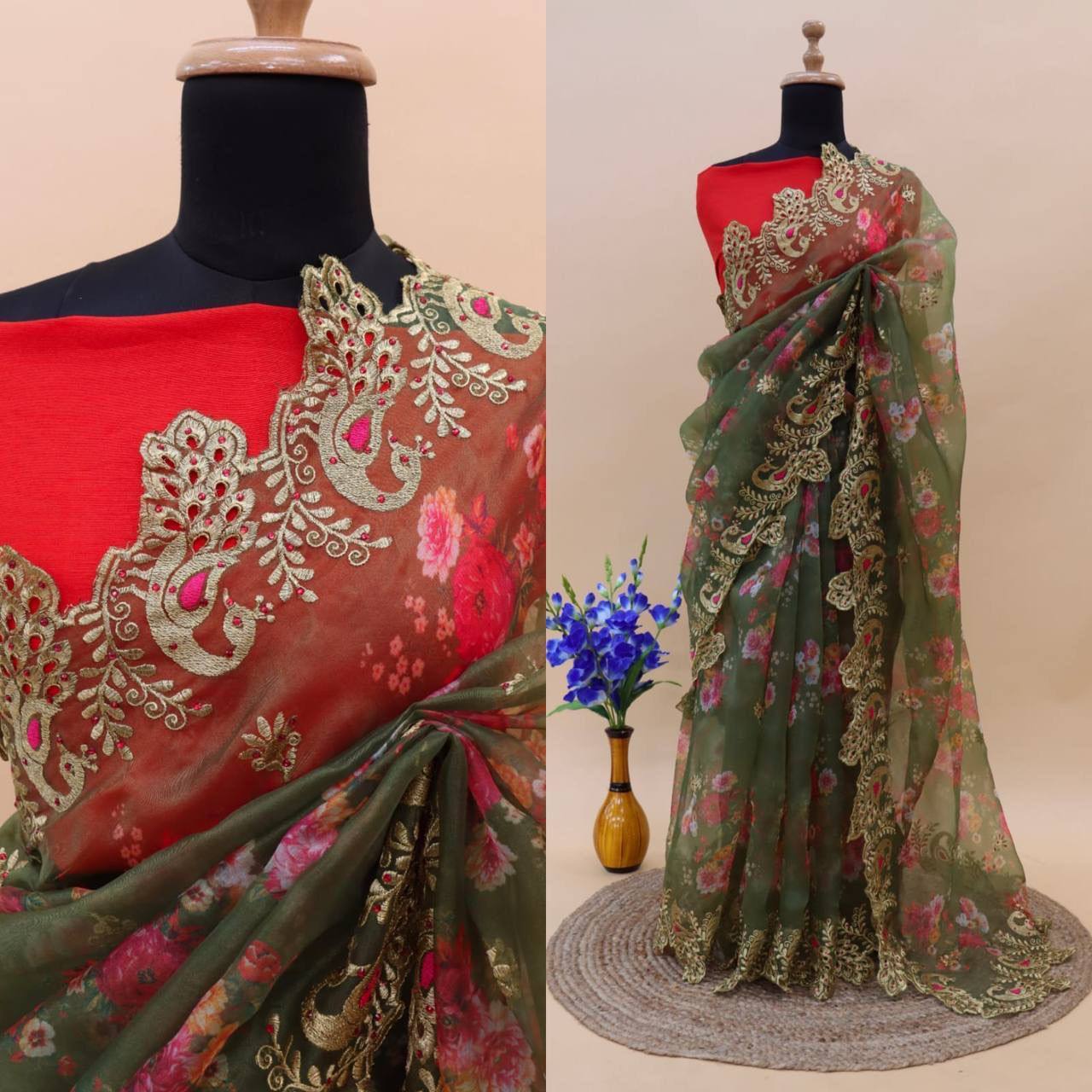 Pure organza silk saree with digital print saree  and  40D print mesh fabric for mosquito net and best paithani saree