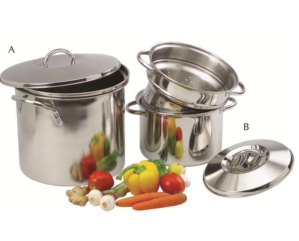 High lid stainless steel stock pot steamer set with two steam plates