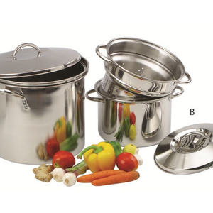 High lid stainless steel stock pot steamer set with two steam plates