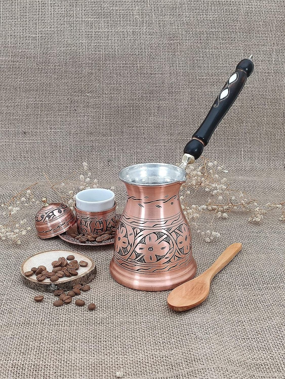 Made In India Brass Turkish Greek Arabic Engraved Coffee Pot Stovetop Coffee Maker with Wooden Handle