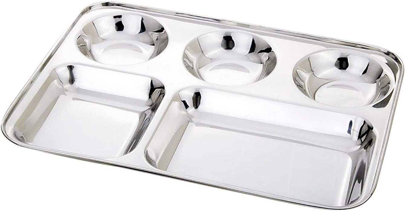 Wholesale Seller Stainless Steel Rectangular Compartment Thalis Plates Five Sections Dinner Trays Serving Mess Dinner Thali Set