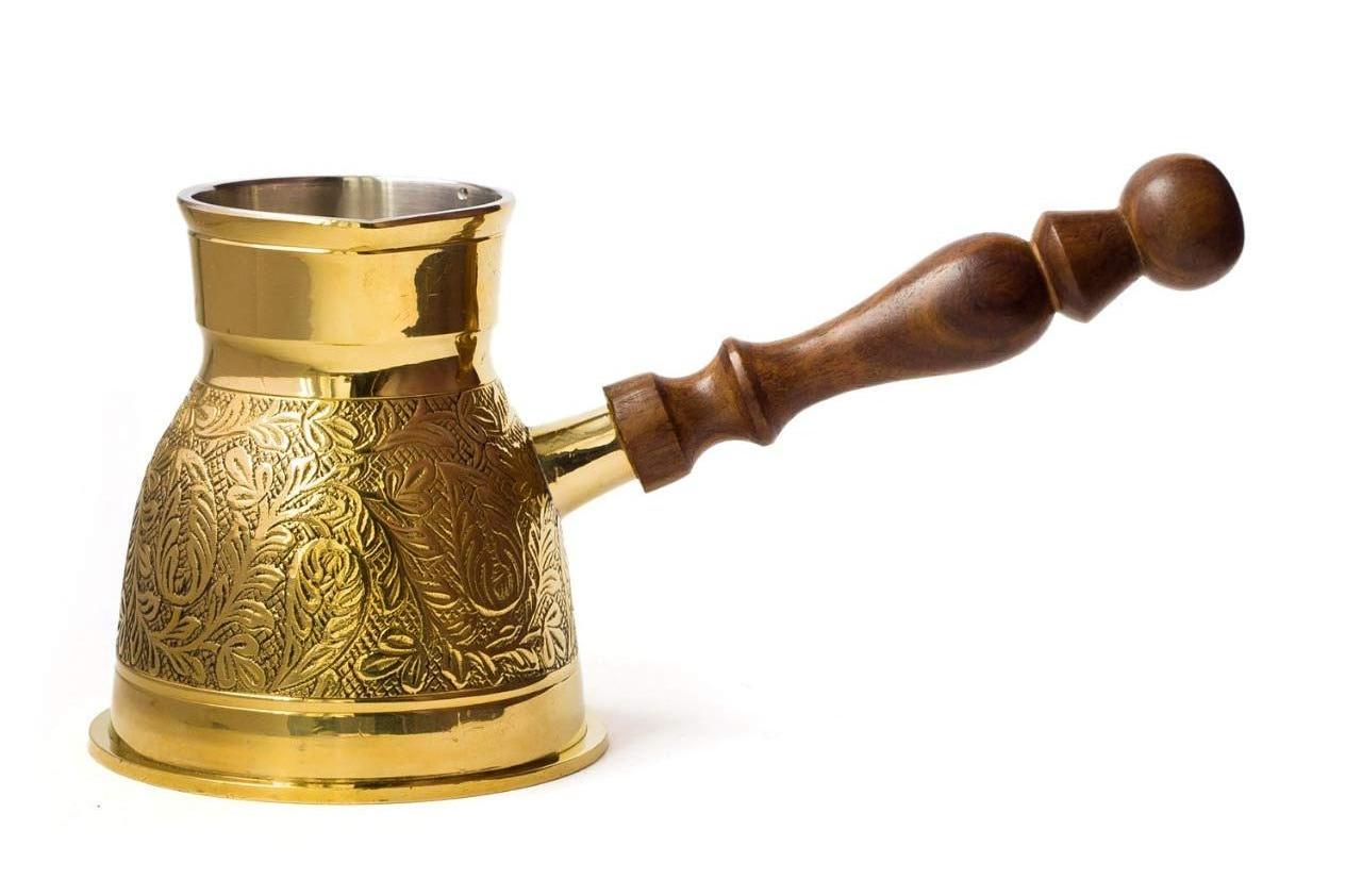 Made In India Brass Turkish Greek Arabic Engraved Coffee Pot Stovetop Coffee Maker with Wooden Handle