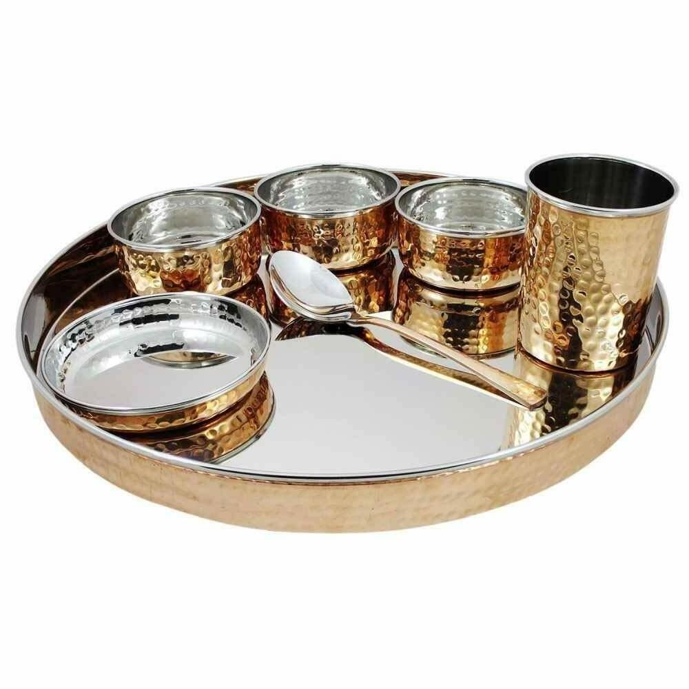 Top Seller Hammered Design Large Copper Steel Plate Thaal Thaali Indian Traditional Dinner Plate Set