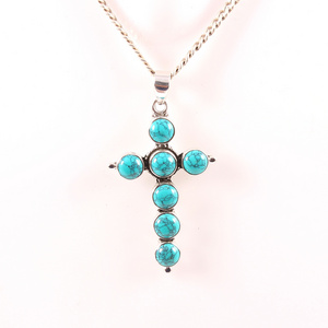 New Bohemian 925 Sterling Silver Natural Turquoise Cross Necklace Fashion Women Design Jewelry Without Chain Pendant Necklace