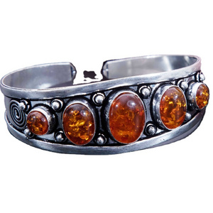 Wholesale Fashion Luxury Synthetic Amber German Silver Bracelet Gemstone Jewellery Trendy Cuff Bangle Hight Quality Gems Bangle