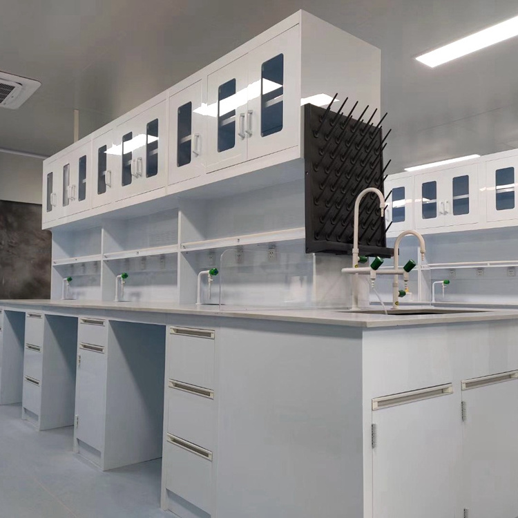 Biotechnology laboratory furniture chemistry island work bench lab furniture with regent rack and hanging cabinet