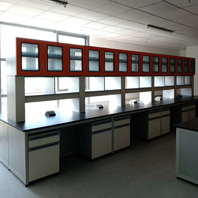 Biotechnology laboratory furniture chemistry island work bench lab furniture with regent rack and hanging cabinet