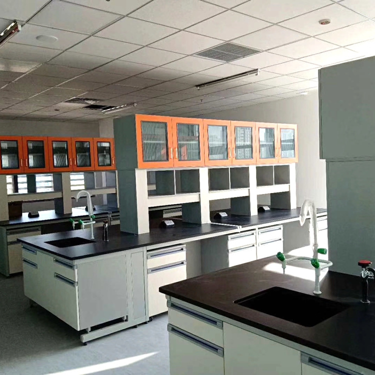 Biotechnology laboratory furniture chemistry island work bench lab furniture with regent rack and hanging cabinet