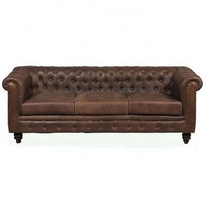 Industrial vintage styled tan leather living room furniture three seat Brown chesterfield leather sofa