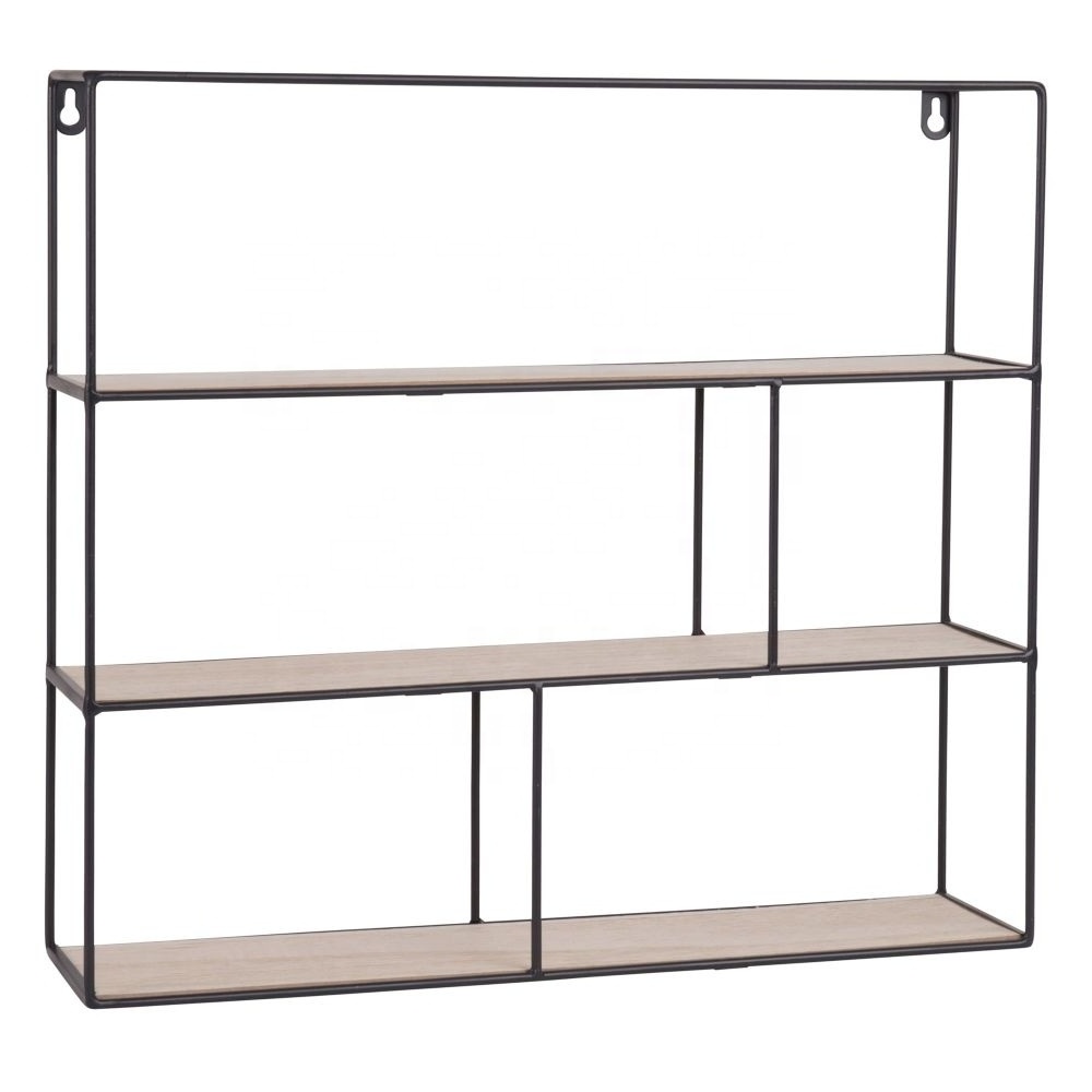 Rectangle Wall Shelf Unit Wooden & Black Metal Mounted Shelves Decorative Hanging Floating Shelves