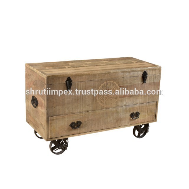 INDUSTRIAL STORAGE CABINET BOX, WOODEN STORAGE BOX INDUSTRIAL STYLE STORAGE CHEST ON WHEELS