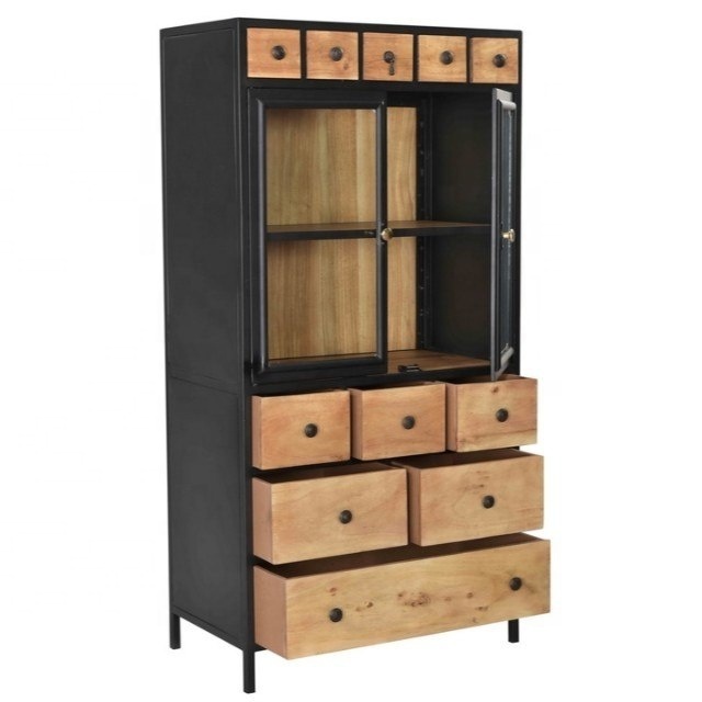 Industrial & vintage solid mango distressed wood & iron metal 2 glass door multi drawers tall display storage cabinet