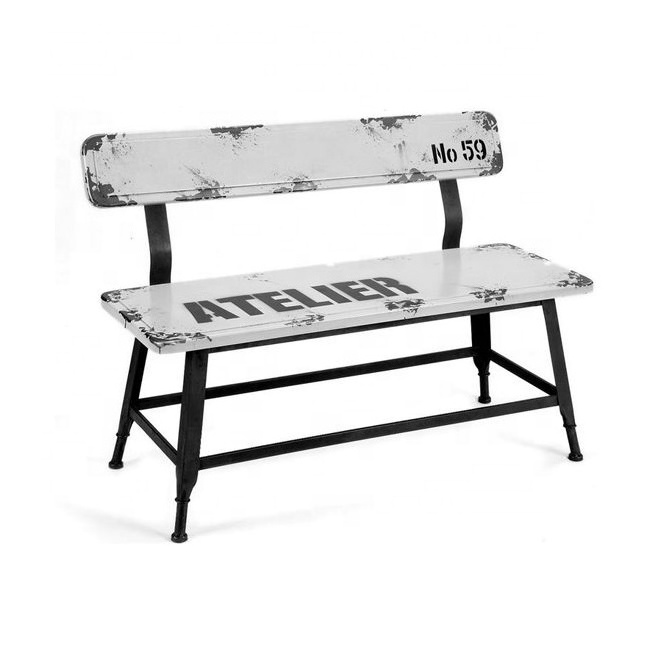 Industrial & vintage iron metal & solid wood painted patio 3 seater bench