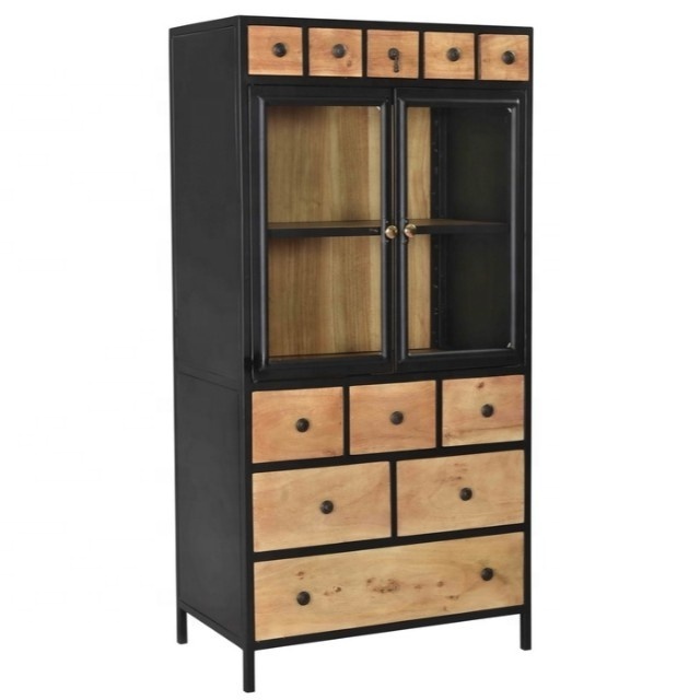 Industrial & vintage solid mango distressed wood & iron metal 2 glass door multi drawers tall display storage cabinet