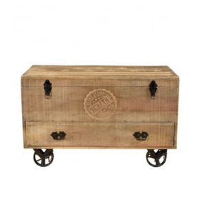 INDUSTRIAL STORAGE CABINET BOX, WOODEN STORAGE BOX INDUSTRIAL STYLE STORAGE CHEST ON WHEELS