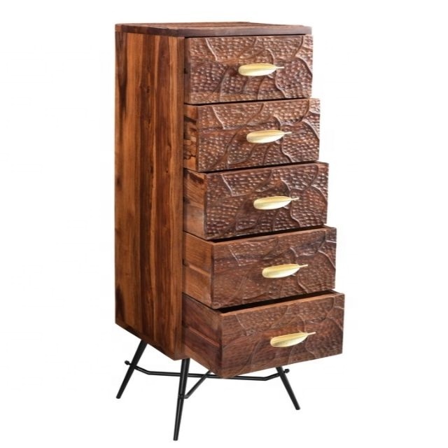 Industrial Black Iron Sheesham wood tall 5 drawer chest of drawers Cabinet Living Room Furniture