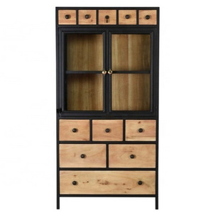 Industrial & vintage solid mango distressed wood & iron metal 2 glass door multi drawers tall display storage cabinet