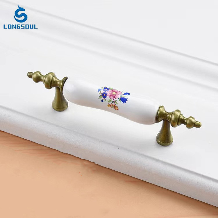 High-end European style classical Furniture cabinet ceramic pull 76mm  96mm kitchen ceramic handles