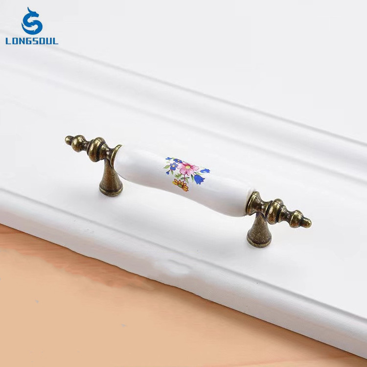 High-end European style classical Furniture cabinet ceramic pull 76mm  96mm kitchen ceramic handles