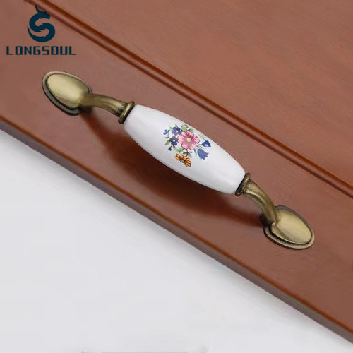 China made silver antique bronze classical Furniture cabinet 76mm 96mm flower covered ceramic handle