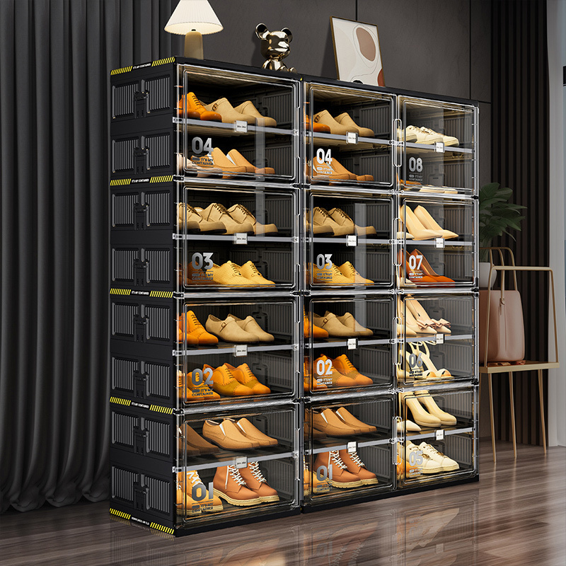 Jeko&Jeko All Black Super Cool Large 40 Pairs Shoes Foldable Men's Shoes Stock Cabinet