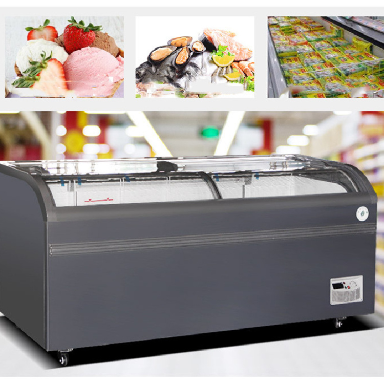 Supermarket food meat display freezer sliding open glass door freezer combined island freezer for ice cream