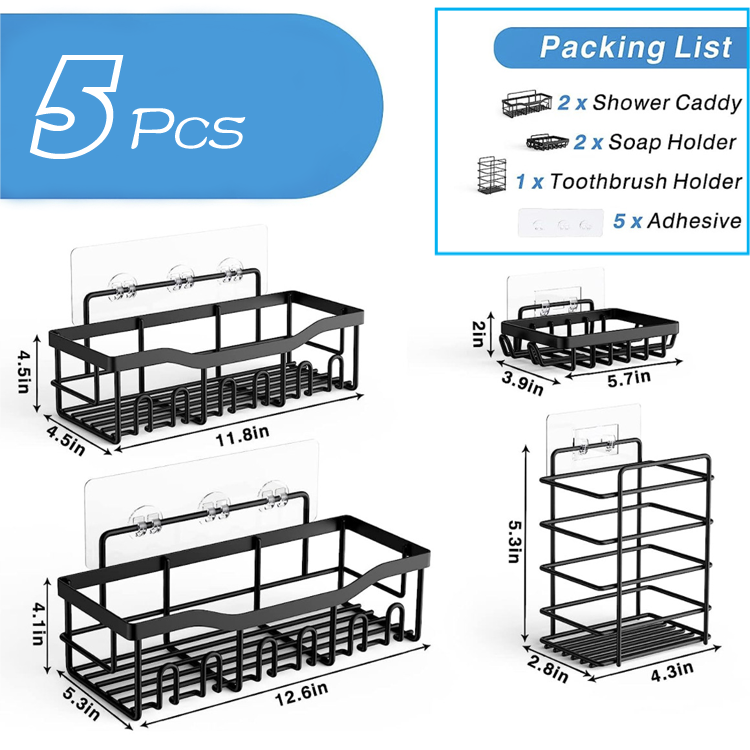 5 Pcs Multifunctional No Drill Wall Mounted Black Shower Caddy  Stainless Steel Bathroom Shower Caddy