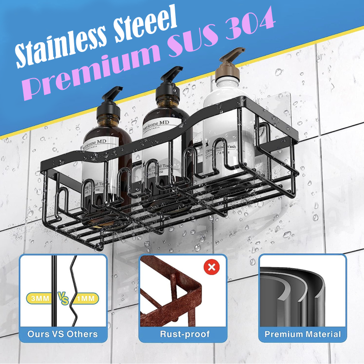 5 Pcs Multifunctional No Drill Wall Mounted Black Shower Caddy  Stainless Steel Bathroom Shower Caddy