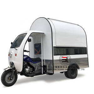 shanghai silang best quality petrol fast food cart, gas-oline driven tricycle mobile snack truck for sale