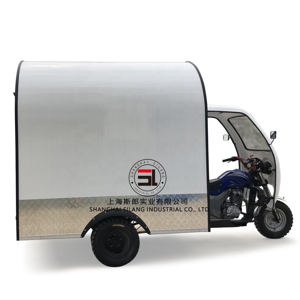 shanghai silang best quality petrol fast food cart, gas-oline driven tricycle mobile snack truck for sale